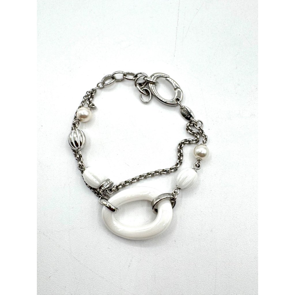 Fossil Double Bracelet Ceramic Beads And Faux Pearls On A Silver Tone Chain